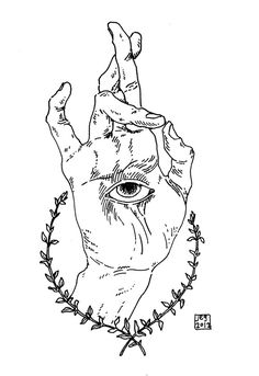 a drawing of a hand with barbed wire around it and an eye in the middle