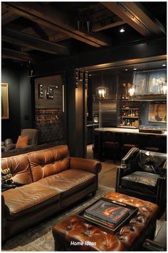 a living room filled with lots of brown furniture and leather couches in front of a bar