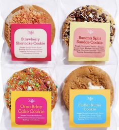 four different types of cookies in plastic wrappers with labels on the front and back