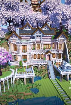 a large building with lots of trees and flowers on the side of it in minecraft