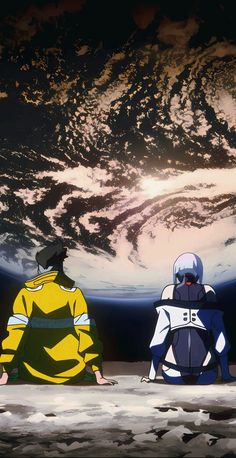 two people sitting on the ground in front of an image of earth and sky, looking at each other