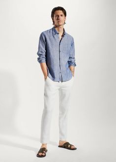 100% linen slim-fit shirt - Men | Mango Man USA Linen Men, Colour Combos, Linen Shirt Men, Jeans Cargo, Ink Blue, Mango Man, Men Shirt Style