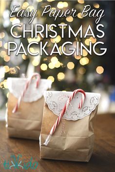 two brown paper bags with candy canes on them and the words easy paper bag christmas packaging