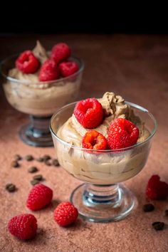 Coffee mousse in tow pudding bowls, topped with raspberries. Coffee Mousse Recipe, Cheese And Onion Pasty, Coffee Mousse, British Dishes, Mousse Dessert, Easy Coffee, Mousse Recipes, Sausage Rolls, Chicken Sausage