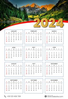 a calendar for the new year with mountains in the background and trees on each side