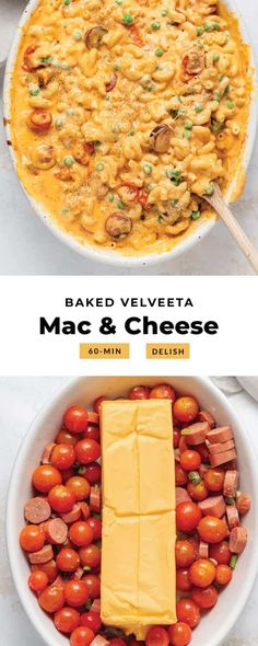 baked velveeta macaroni and cheese in a white bowl with cherry tomatoes