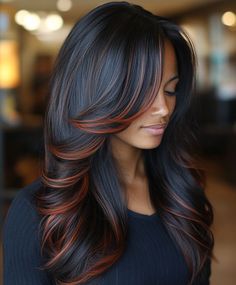 Dark Hair With Money Piece Only Red, Dark Brown Vs Black Hair, Dark Brown Hair With Burgundy Highlights, Black Hair With Color Underneath, Black And Red Balayage, Hair Ends Dyed, Black Hair With Burgundy Highlights, Burgundy Highlights On Dark Hair, Raven Hair Color