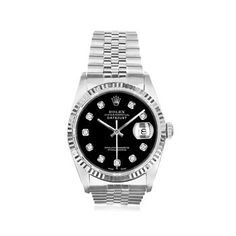 Pre-Owned Rolex Datejust Men's 36mm Automatic Stainless Steel, 18kt White Gold Watch. Experience the renowned luxury of a pre-owned Rolex with this Datejust men's watch from our partner, Swiss Crown USA. The timepiece features Swiss automatic movement, black dial with aftermarket diamond markers, 36mm case, aftermarket synthetic sapphire crystal, 18kt white gold bezel, and stainless steel crown and jubilee bracelet that finishes with a foldover clasp. Water-resistant up to 100M. Pre-owned Rolex Luxury Diamond Automatic Watches, Diamond Watches With Date Indicator And Round Dial, Diamond Watches With Date Indicator, Classic Diamond Chronograph Watch, Classic White Gold Diamond Chronograph Watch, Classic White Gold Diamond Watch With Chronograph, Classic Black Automatic Diamond Watch, Elegant Diamond Chronograph Watch For Formal Occasions, Formal Diamond Watch With Date Indicator