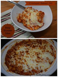 two pictures showing different types of food in bowls and on plates, one with lasagna