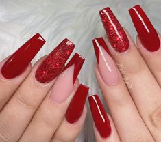 Red And Pink Nails, Red Nails Glitter, Red Acrylic Nails, Colorful Nail, Long Acrylic Nails Coffin, Acrylic Nails Coffin Short, Acrylic Nails Coffin, Xmas Nails