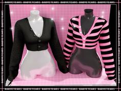 two female mannequins dressed in black and pink sweaters, one wearing a white dress