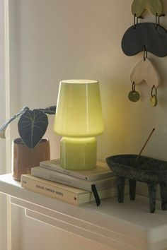 a lamp sitting on top of a white shelf next to books and a potted plant