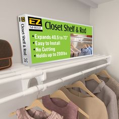 there is a sign that says closet shelf & rod next to clothes hanging on a rail