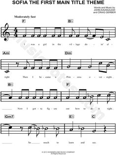 sheet music with the words sofia the first main title theme in black and white