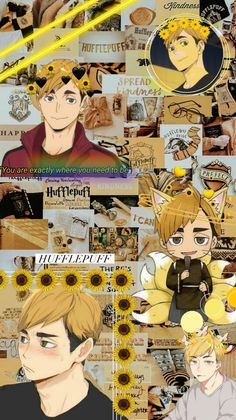 anime character collage with sunflowers and other things in the background, including an image