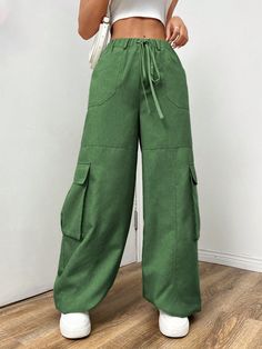 Ladies" Plain Drawstring Waist Wide-Leg Cargo Pants With Loose Fit Green Casual   Woven Fabric Plain Wide Leg Non-Stretch  Women Clothing, size features are:Bust: ,Length: ,Sleeve Length: Women Pants, Drawstring Waist, Cargo Pants, All Fashion, Women Clothing, Woven Fabric, Womens Bottoms, Length Sleeve, Latest Trends