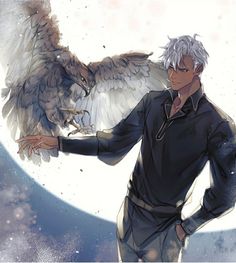 a man holding an owl on his arm in front of a full moon with stars