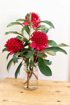 a vase filled with red flowers on top of a wooden table