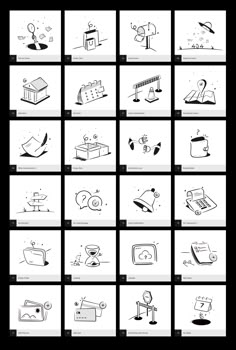 a series of black and white drawings depicting different things that are in the shape of squares