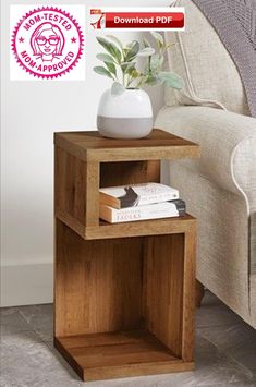 a wooden side table with a potted plant on it and a white chair in the background