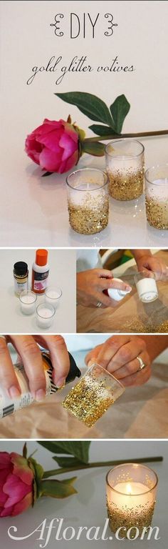 diy gold glitter mason jars with flowers in them and some candles on the table