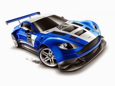 a blue and white sports car is shown in this drawing, it appears to be painted