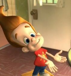 a cartoon character standing on top of a wooden floor next to a sink and mirror