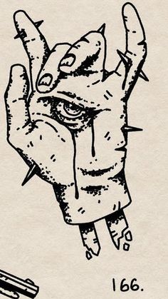 an ink drawing of a hand with spikes sticking out of it's middle finger