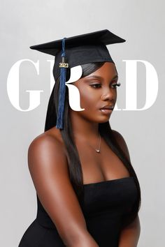 a woman wearing a graduation cap and gown with the word grad over her head