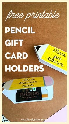 the free printable pencil gift card holder is on top of a brown paper with yellow and