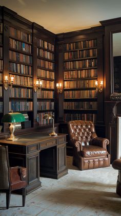 a room with many bookshelves and leather chairs