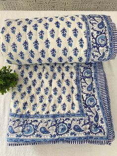 two blue and white bedspreads with a small plant on the top one next to them