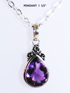 Beautifully Faceted AMETHYST PENDANT with sterling silver 925 bale and Sterling 925 setting. Genuine Amethyst gemstone is a lovely faceted Pear shape gemstone of medium shade of purple. I fell in love with this stone and hope you will love the finished pendant. This Amethyst is translucent and bright. Real Gemstone in a Sterling bezel setting.  measures 1.5 INCH x under 5/8" wide. This elegant pendant is a splendid gift for the special woman in your life, someone who is a gemstone lover, specifically an Amethyst Lover, for a birthday gift for Her, a girlfriend, wife, mother, young woman, wife or daughter and a perfect stone for the February birthstone lover.  Overall length is 1 1/2 INCH including the Bale x 5/8 inch wide.  Awesome size with beautiful faceted gemstone.  No chain included u Elegant Pendant, Elegant Necklace, February Birthstone, Amethyst Pendant, Elegant Necklaces, February Birth Stone, Amethyst Gemstone, Shades Of Purple, Birthday Gifts For Her