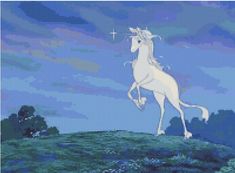 the white unicorn is standing on its hind legs in front of a blue sky with clouds