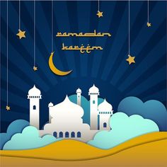 an arabic greeting card with mosques and stars