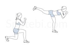 a woman is doing squat exercises with her leg up in the air and another person standing behind her