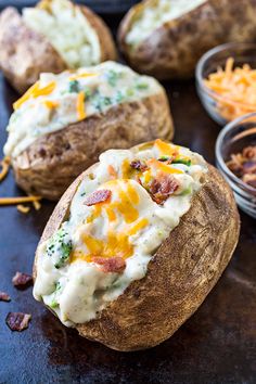 baked potatoes with cheese, bacon and broccoli