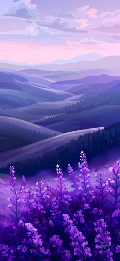 a painting of purple flowers in the middle of a mountain range with hills and trees