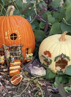 two pumpkins sitting on the ground in front of some leaves and plants, one has a house built into it