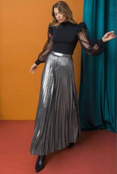 Silver Moon Pleated Skirt Pleated Silk Skirt Outfit, Silver Silk Skirt Outfit, Silver Long Skirt Outfit, Silk Long Pleated Skirt, Silver Pleated Skirt Outfit, Pleated Skirt Street Style, Silver Pleated Skirt, Silk Pleated Skirt, Flat Skirt