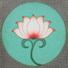 a painting of a pink flower in a green circle on a gray background with the word lotus written below it