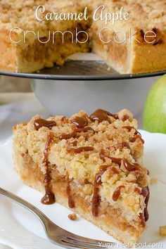 a slice of caramel apple crumb cake on a plate