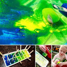 a green and blue painting with yellow streaks