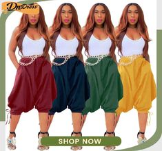 Women's Fashion Street Style Harem Pants Set High Waisted Harem Pants For Summer, Baggy Ankle-length Parachute Pants, Chic Baggy Parachute Pants For Summer, Wide-leg Summer Capris, High Waist Capris For Summer, High Waist Capris With Elastic Waistband, Trendy Fall Capris, Hip-length Harem Pants With Elastic Waistband, Trendy High Waist Harem Pants