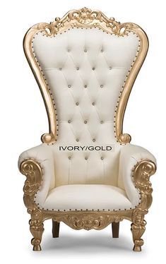 an ornate white and gold chair with the word ivory gold on it's back