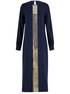 navy blue silk embroidered detail round neck single rear button fastening long sleeves buttoned cuffs straight hem mid-length Formal Long Sleeve Embellished Midi Dress, Elegant Long Sleeve Embellished Midi Dress, Navy Long Sleeve Midi Dress For Formal Occasions, Elegant Embellished Long Sleeve Dress For Formal Occasions, Elegant Navy Midi Dress For Fall, Embellished Silk Midi Dress For Formal Occasions, Chic Long Sleeve Navy Midi Dress, Chic Navy Long Sleeve Midi Dress, Formal Embellished Silk Midi Dress