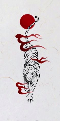 a drawing of a tiger in the air with a red ball