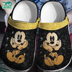 Little Happiness Mickey Mouse Twinkle Dark Gold Clogs For Kids & Adults Mickey Mouse Black Shoes, Disney Crocs, Mickey Mouse Gifts, Minnie Mouse Cartoons, Crocs Slippers, Crocs Clog, Crocs Sandals, Black Clogs, Yellow Glitter