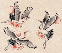 two birds with flowers on their wings are flying in the air and one bird has its wings spread out