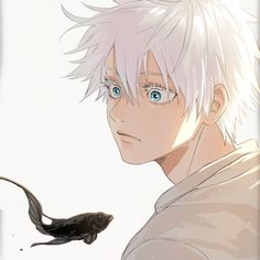 an anime character with white hair and blue eyes staring at a black fish in the water